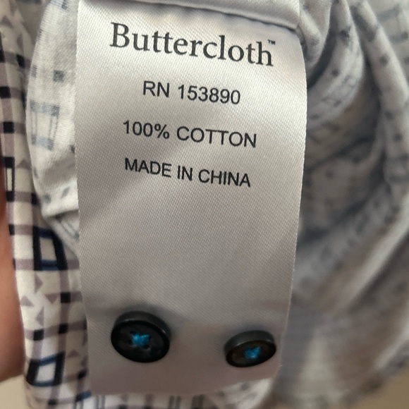 Buttercloth Shirt Mens L Blue Geometric Flip Cuff Casual Dress Button Up - Picture 9 of 11